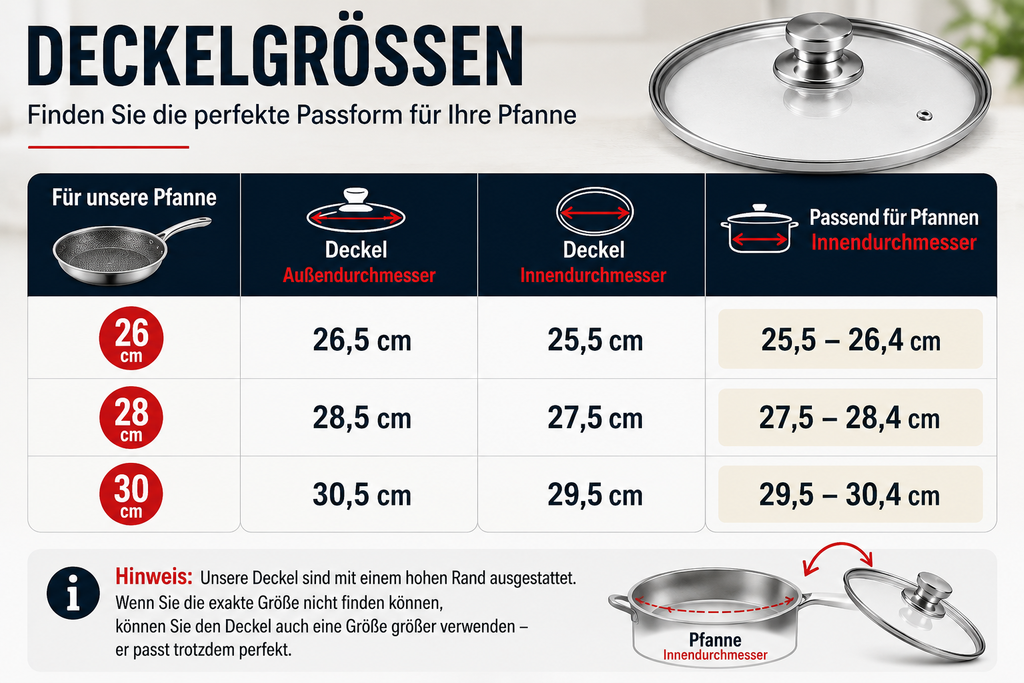 Universeller Glasdeckel 26-30cm – Passend für Dinacook Bratpfannen